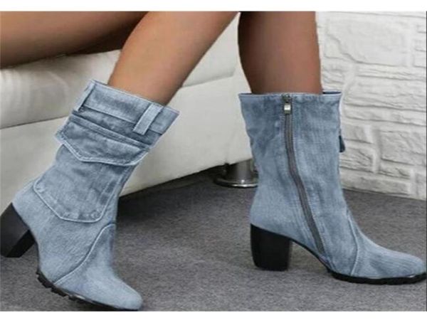 

boots spring autumn denim boots for women midrise solid color large size shoes woman slipon chunky med heels midcalf 2209233826174, Black