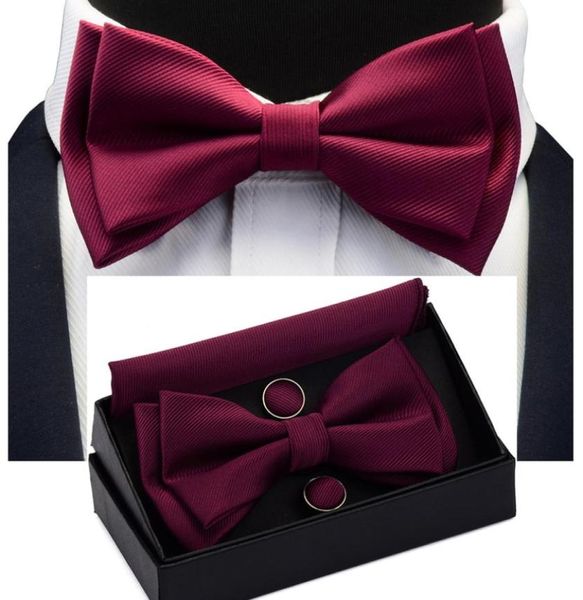

solid bow tie set different size up and down men039s plain bowtie handkerchief cufflinks gift box set for men wedding fashion t2102869, Blue;purple