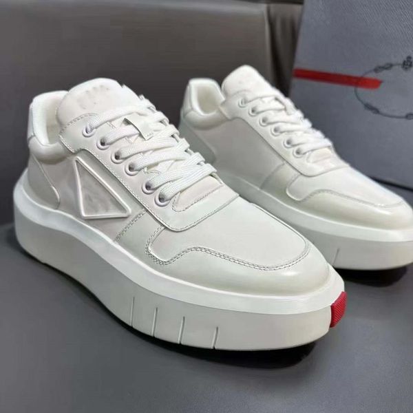 

designer sneakers men leather shoes luxury metal triangle logo brushed leather monolith trainer platform heel size 38-46 02, Black