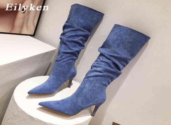 

eilyken new fashion design pleated flock fabric knee high boots women pointed toe slipon stiletto heels ladies shoes pumps2707402, Black