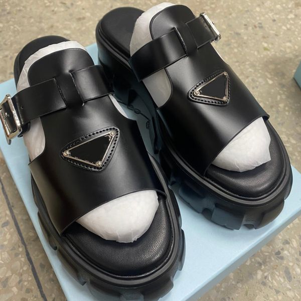 

monolith women designer sandals lug sole platform sandal triangle buckle slides metal logo slippers summer beach loafers thick bottoms mules, Black