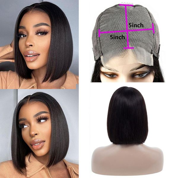 

brazilian human hair peruvian unprocessed virgin hair 5x5 lace bob wig natural color 10-16inch 150% density, Black;brown