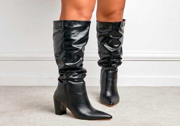 

boots 2022 winter new women039s fashionable pointed toe folds catwalk long tube thick heel highheeled y22091599663, Black