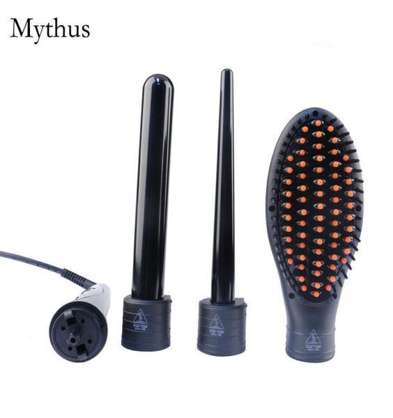 

3 in 1 interchangable hair curler 1round barrel1cone barrel1hair straightener brush tourmaline ceramic multifunction hairstyling1442572