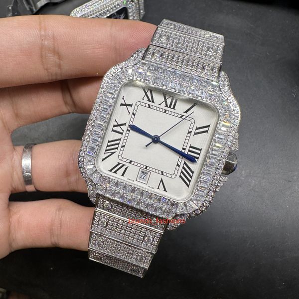 

men's automatic mechanical watch silver diamond hip-hop style trendy watch square diamond watch bezel new men's wristwatch, Slivery;brown