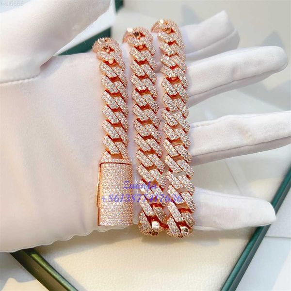 

pass diamond tester vvs diamond chain iced out jewelry bracelet necklace rose gold color 12mm width moissanite cuban link chain, Silver