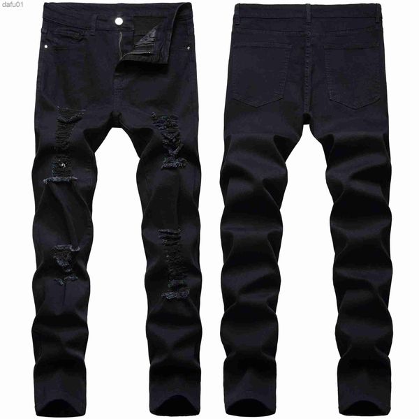 

men's jeans mens jeans retro black pants stretch hole ripped slim fit fashion casual denim trousers l230520, Blue