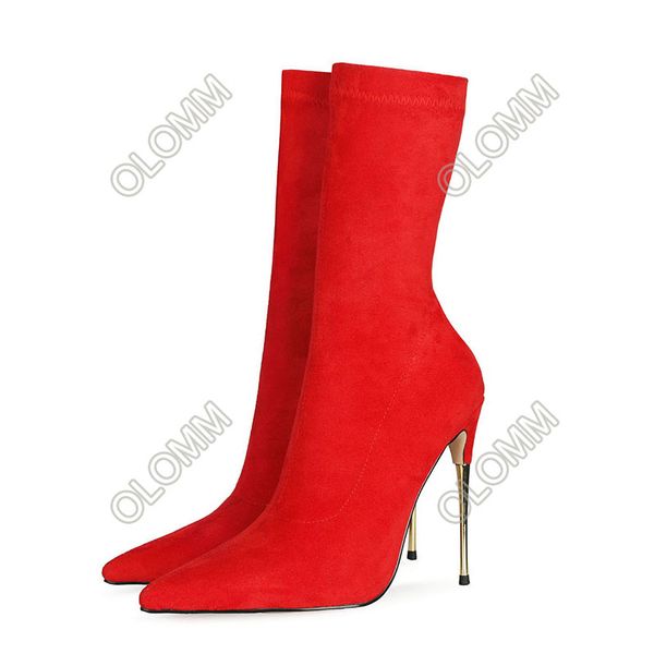 

olomm new fashion women spring soccer ankle boots metal thin heels pointed toe black yellow red party shoes women us size 5-13