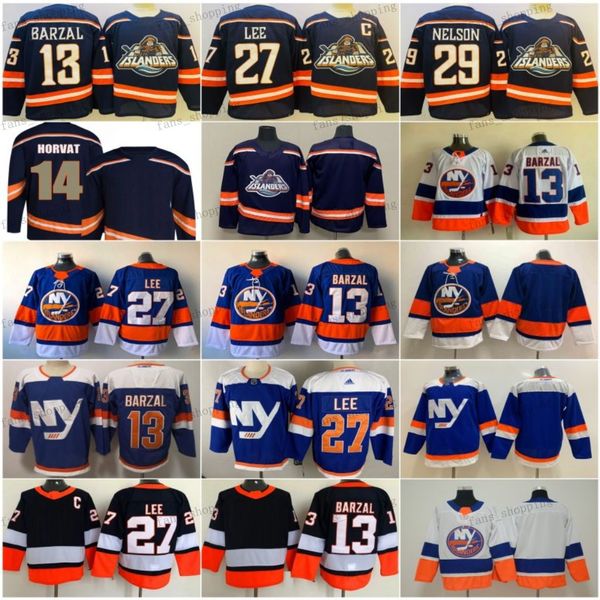 

reverse retro hockey jerseys 14 bo horvat 13 mathew barzal 27 anders lee 29 brock nelson 30 ilya sorokin alternate blue mens stitched shirts, Black;red