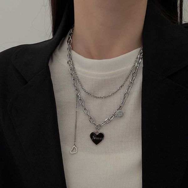 

necklaces korean fashion women's pendant exquisite double chain metal heart party punk necklace new premium jewelry gift g220524, Silver