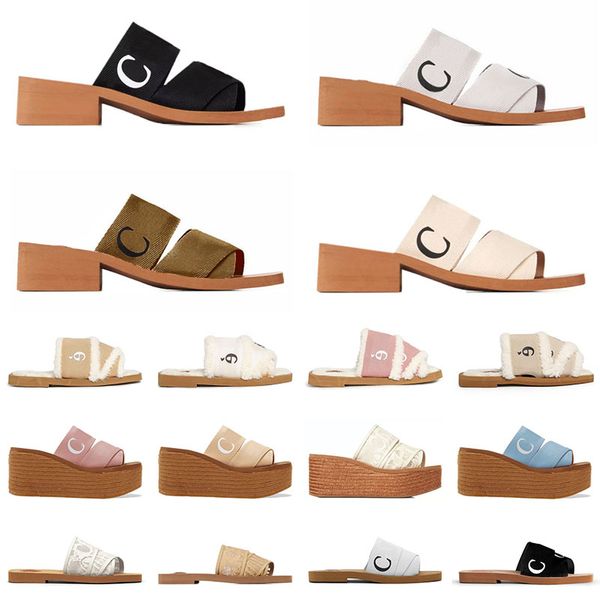 

wholesale luxury woody designer women shoes comfortable striped canvas slippers summer bathroom striped casual shoe for comfort lace letteri, Black