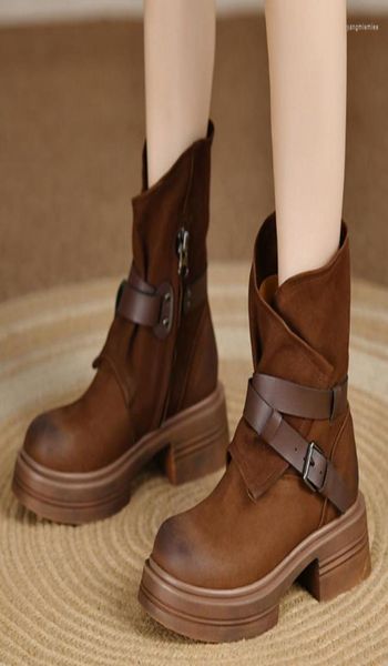 

boots autumnwinter women round toe chunky heel shoes genuine leather zipper short motorcycle for4928471, Black