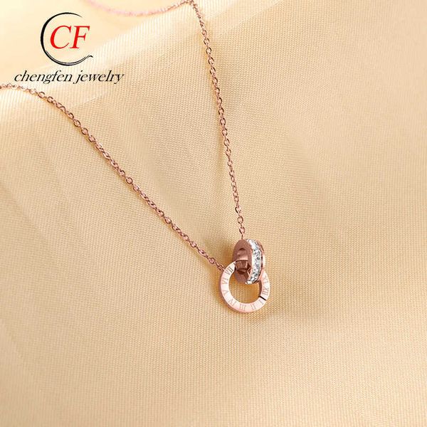 

new hollow double ring fashion personality stainless small waist roman numerals pendant gold steel women's necklace, Silver