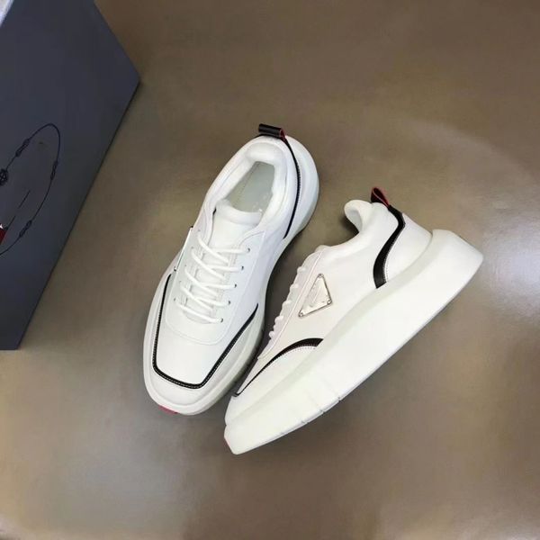 

designer sneakers men leather shoes luxury metal triangle logo brushed leather monolith trainer platform heel size 38-46 06, Black