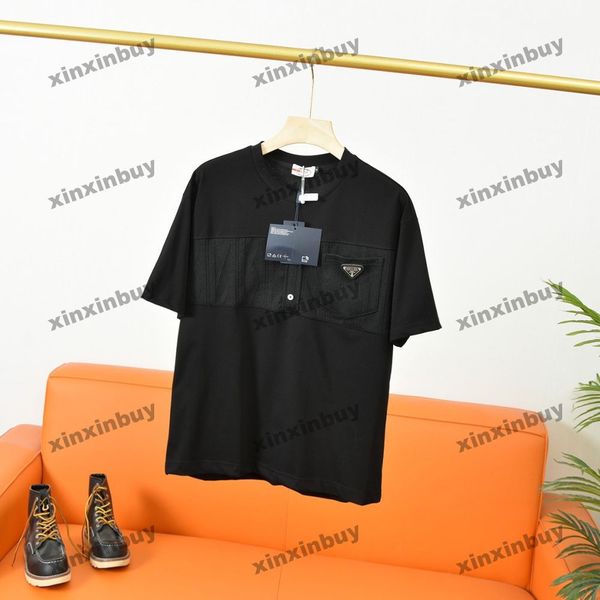 

xinxinbuy men designer tee t shirt 23ss leather triangle label pocket panelled short sleeve cotton women black white m-4xl, Black;brown