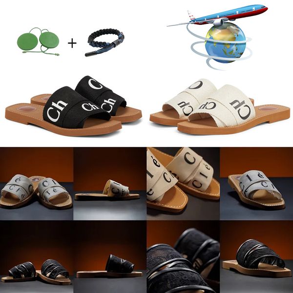 

2023 slippers designer women woody flat mules sandals slides sail canvas white black women outdoor beach slipper shoes size 35-42