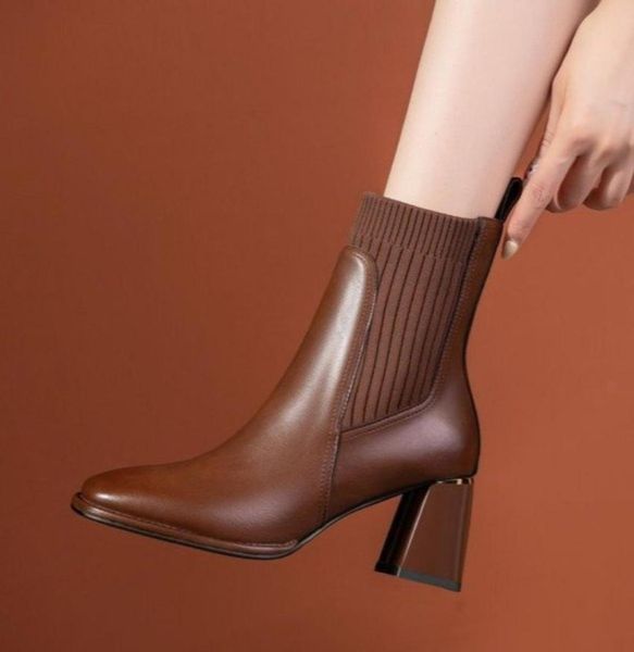 

boots office ladies casual women ankle autumn winter concise genuine leather knitting thick high heels basic shoes 2211101561607, Black