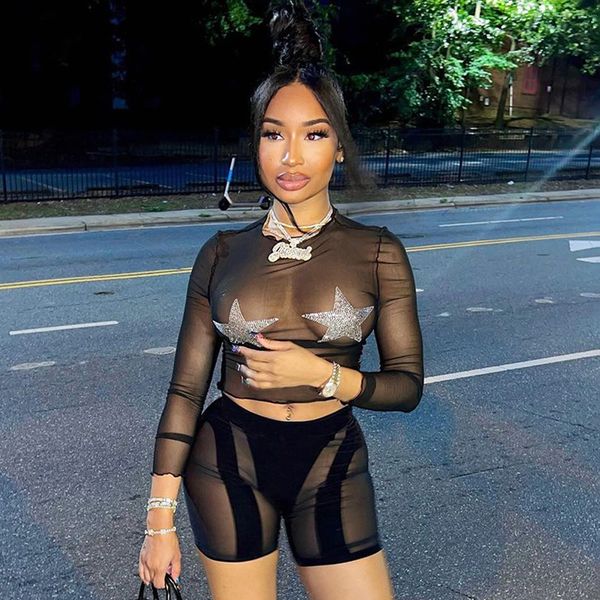 

sell womens fashion suits summer new mesh perspective drill black long sleeve shorts casual pants, White
