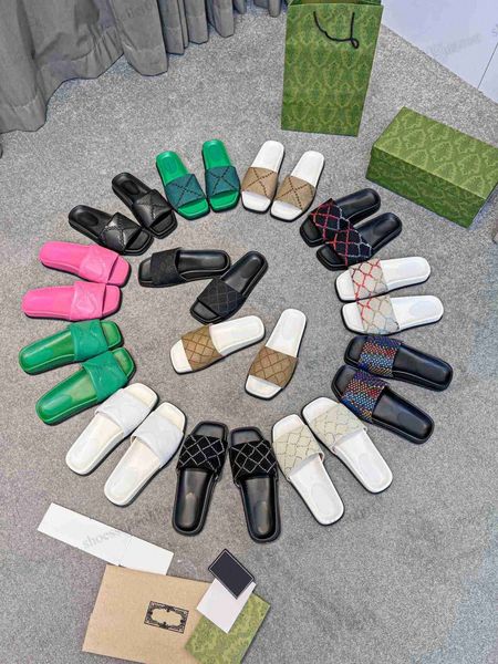 

luxury designer slippers sandals men woman slider leather canvas embroidered striped square flat slippers summer sandal beach flip-flops out, Black