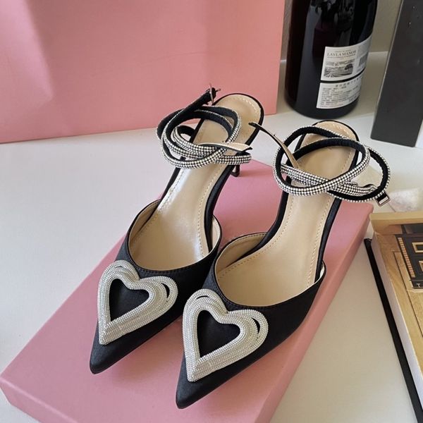 

8cm mach&mach sandal triple diamond heart platform pumps satin pointed toe heels dress shoes crystal embellished stiletto luxury designer an, Black