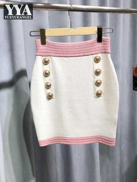 

dresses women skirt fashion mixed colors elastic knitting mini skirts zipper high waist double breasted slim elegant wrap skirts, White;black