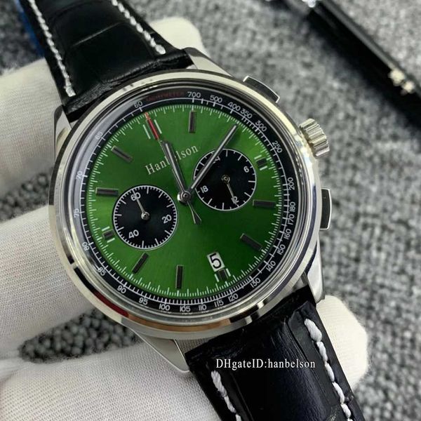 

mens new 1884 watch montre de luxe vk movement wristwatches chronograph green dial steel case black leather strap business metal watches, Slivery;golden