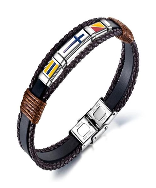 

hand woven cross men039s titanium steel flag leather bracelet4542679, Silver