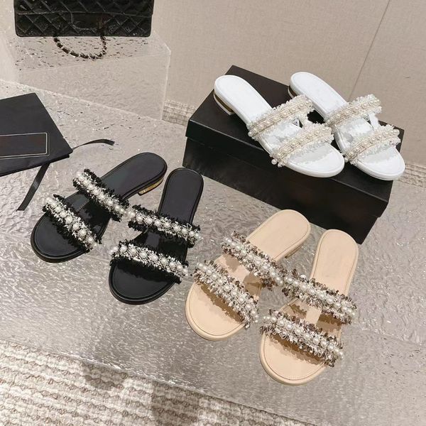 

2023 interlocking c crystal buckle slippers women ladies tweed tassels slides pearl embellished strap flat mules logo sandal brands wedding, Black