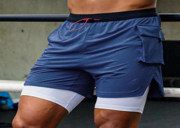 

running shorts men039s gym fitness compression workout basketball 2 in 1 tights quick dry training clothing sports manrunning9089635, Black;blue