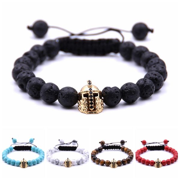 

bangle 10pcs/lot gold roman knight spartan warrior gladiator helmet bracelet stone bead bracelets bangle for men jewelry, Black