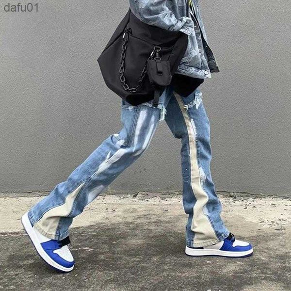 

men's jeans men's jeans hip hop flare men harajuku streetwear baggy wide leg denim pants elastic waist fashion loose casual flared, Blue