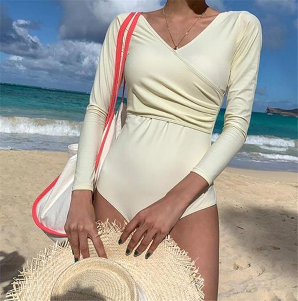 

bikinis set long sleeve rash guard women wrap one piece swimsuit solid swimwear pleated monokini white surfing suit pad diving clo9100235