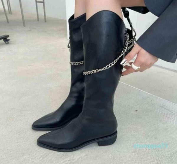 

korean autumn and winter boots new fashion thick heel chain high tube boots pointed knight9905709, Black