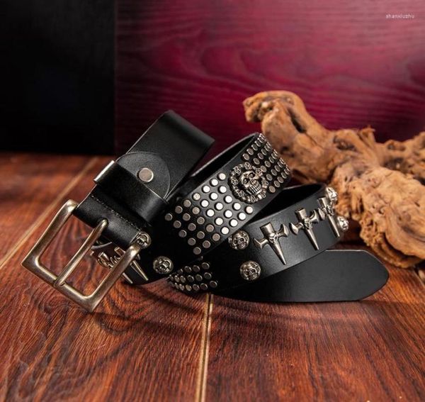 

belts fashion men personality skullhead rivet genuine leather cool punk rock hip hop pin buckle belt with holes9591650, Black;brown