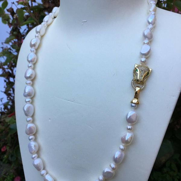 

necklaces handmade white freshwater baroque pearl necklace micro inlay zircon leopard head buckle accesories jewelry, Silver