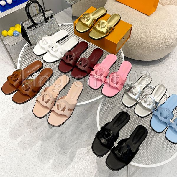 

designer slippers isola slides women rainbow leather slipper fashion sandal versatile flat heel slipper new ladies sandals with box, Black