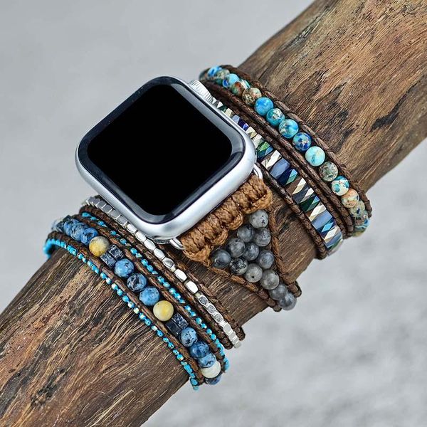 

bangle natural stone apple watch band boho wax rope emperor stone 5 wrap apple watch strap wholesale dropshipping, Black