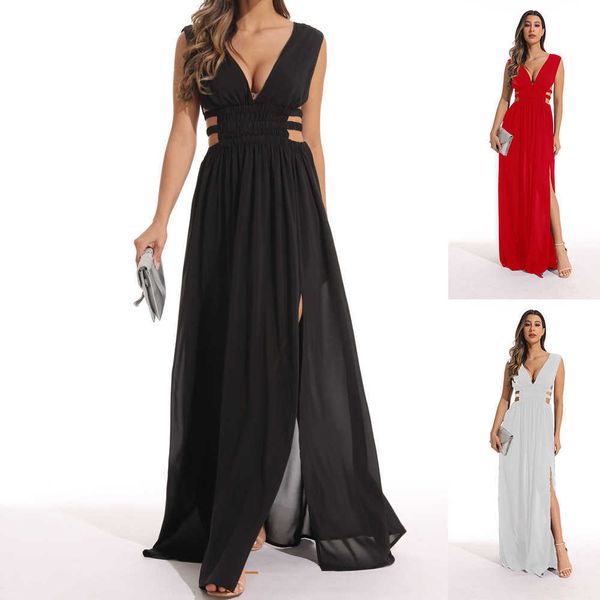

new dress women's deep v-neck open back large swing long dress, Black;gray