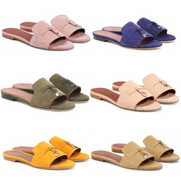 

designer lp womens sandals summer walk beach sliders luxury suede shoe comfort flats, Black