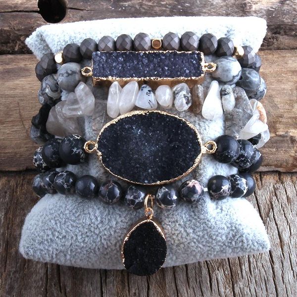 

bangle md fashion designer boho druzy stones beaded bracelet natural stone druzy charms 5pc bracelets sets for women gift dropship, Black