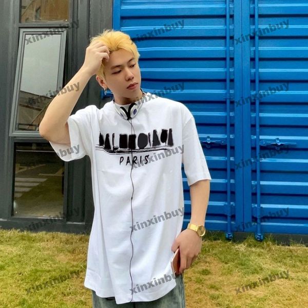 

xinxinbuy men designer tee t shirt 23ss paris letter graffiti print short sleeve cotton women apricot khaki s-2xl, Black;brown