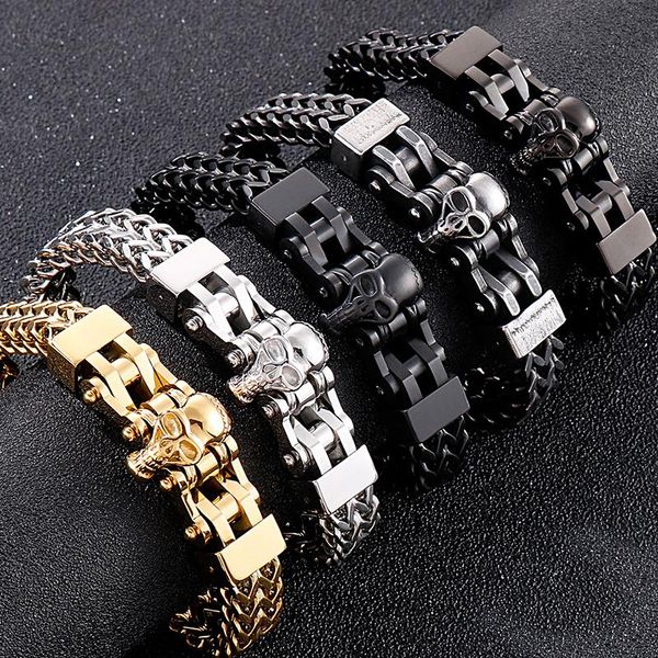 

bangle stainless steel gothic men's bracelets with skull head double layer franco link curb chain bracelet men jewelry with gift bag, Black
