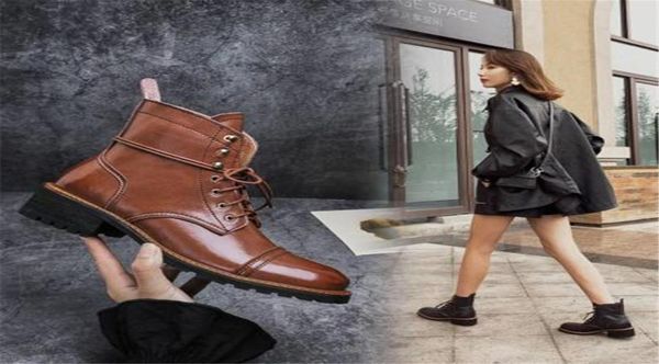 

winter women039s shoes laceup round toe middle heel boots genuine leather fashion vintage boots 2105075286943, Black
