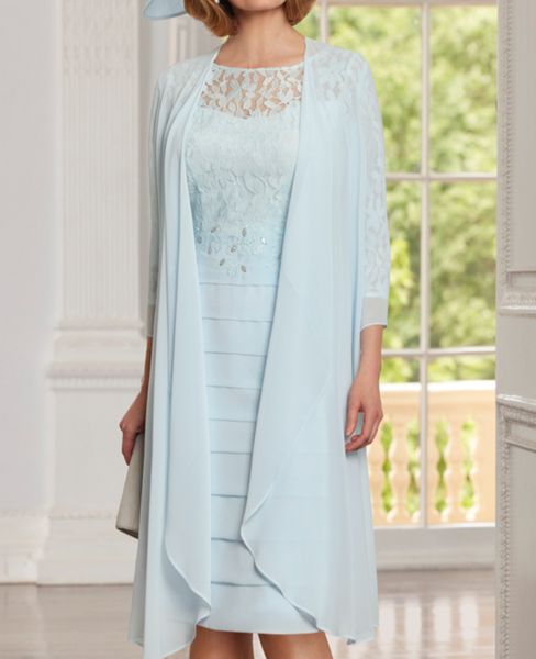 

chic light blue mother of the bride suits outfits bateau neck knee length mother dresses with jacket, Black;red