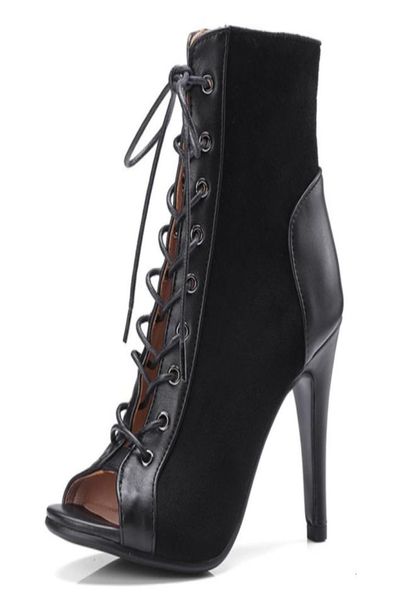 

boots fashion summer heels ankle for women spring peep toe lace up pumps party shoes quality suede ladies boot plus size 2211256172637, Black