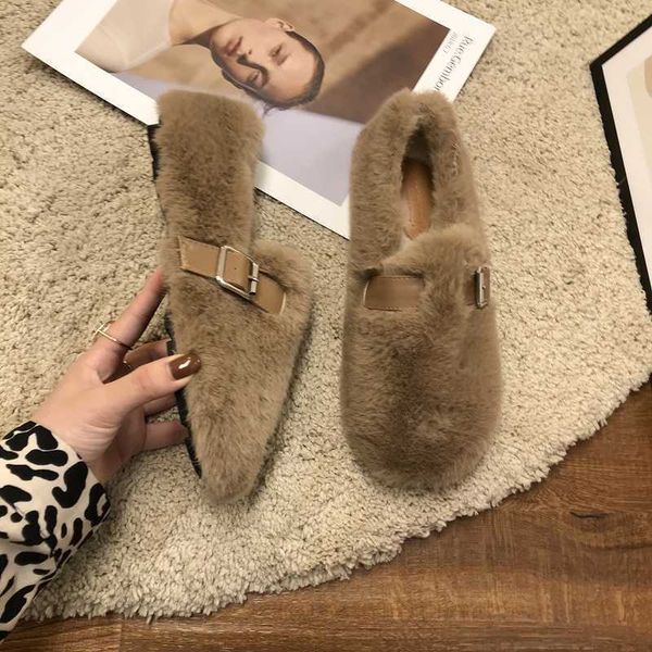 

dress shoes plush women's autumn and winter 2022 korean version of the outer wear plus velvet cotton lazy one pedal peas y23, Black