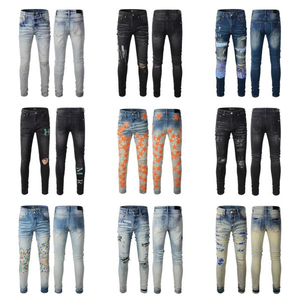 

luxurys designers jeans distressed france fashion pierre straight men's biker hole stretch denim casual jean men skinny pants 28-40, Blue