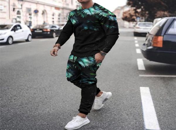 

jogging clothing men039s sports suit tshirt trousers workout clothes 2piece set 3d plant leaf solid color printing longsle1506893, Black;red