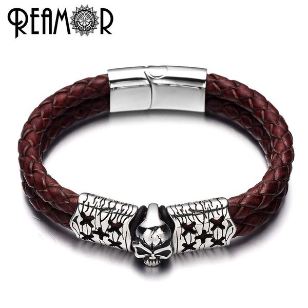 

bangle reamor 316l stainless steel cracked skull bracelet double layers genuine braided leather male bracelets bangles men's jewelry, Black