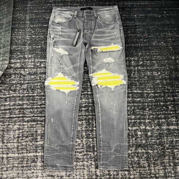 

mens jeans casual slim men designers jean stretch pants destroy the quilt ripped straight knee yellow leather retro pants hip hop street pan, Blue